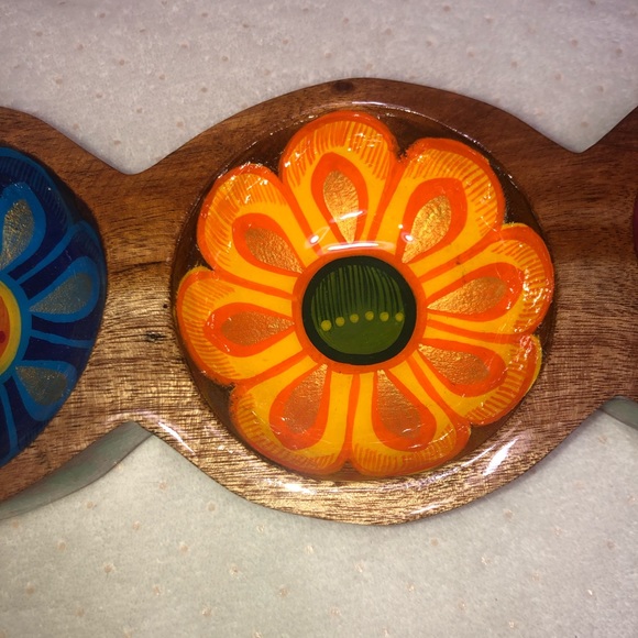 Mexican Batea Triple Bowl Condiment Tray. Handmade & Hand Painted. - Picture 3 of 11